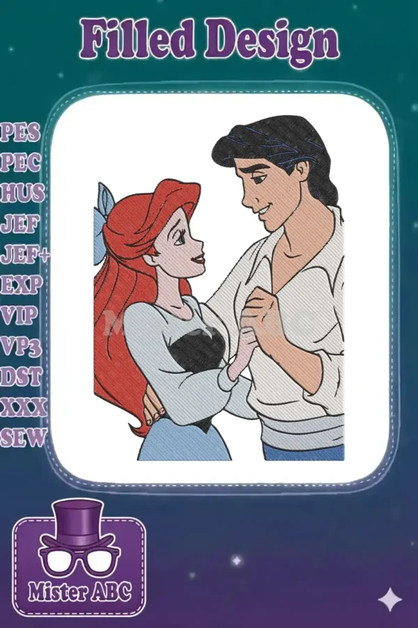 A vibrant embroidery design of Disney's Ariel and Prince Eric dancing, full of romantic detail and rich colors.