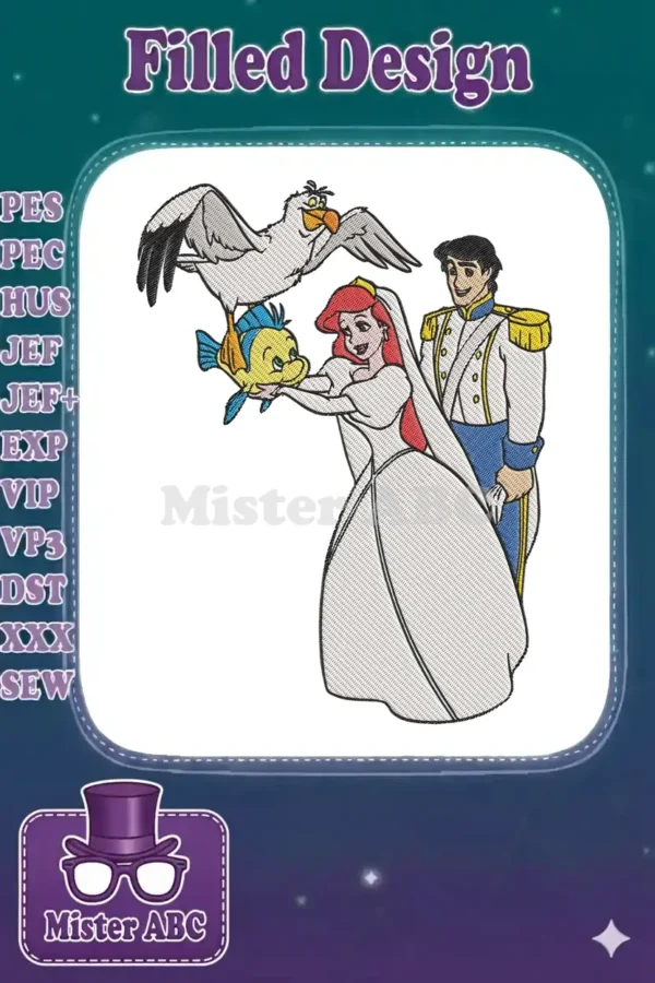 A vibrant embroidery design featuring Ariel and Prince Eric in wedding attire, with Flounder and Scuttle present.