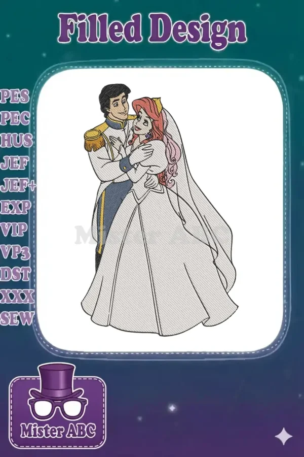 A stunning embroidery design depicting Ariel and Prince Eric in their wedding attire, locked in a romantic embrace.