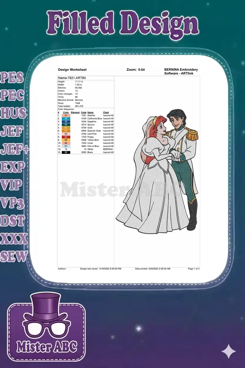 An embroidery design worksheet displaying project details, including dimensions, stitch count, color changes, and thread chart.