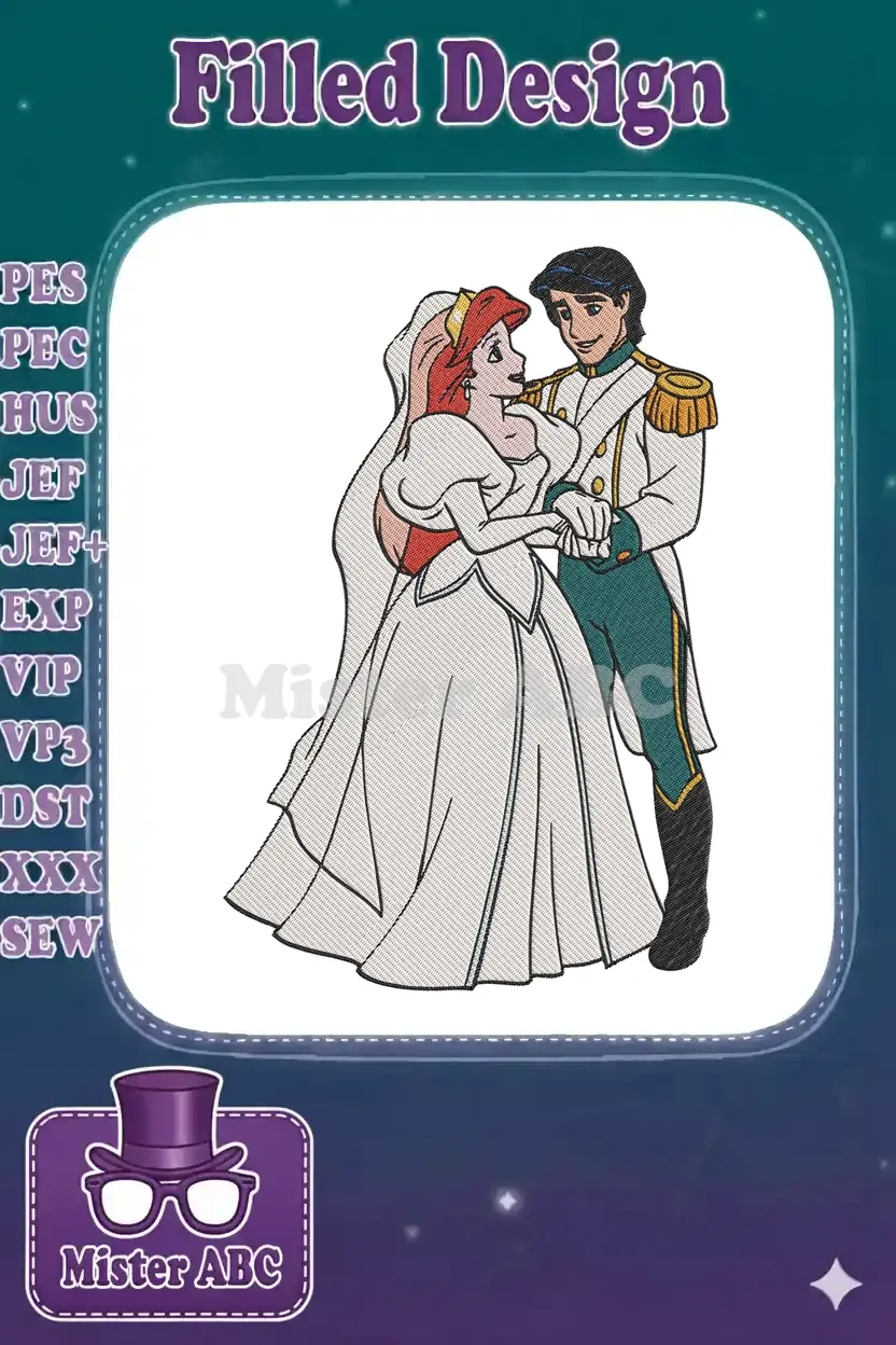 A vibrant embroidery design featuring Princess Ariel in her wedding gown with Prince Eric, holding hands and smiling.