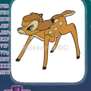 A detailed embroidery design of a determined fawn, likely Bambi, with expressive eyes and intricate fill stitching on a white background.