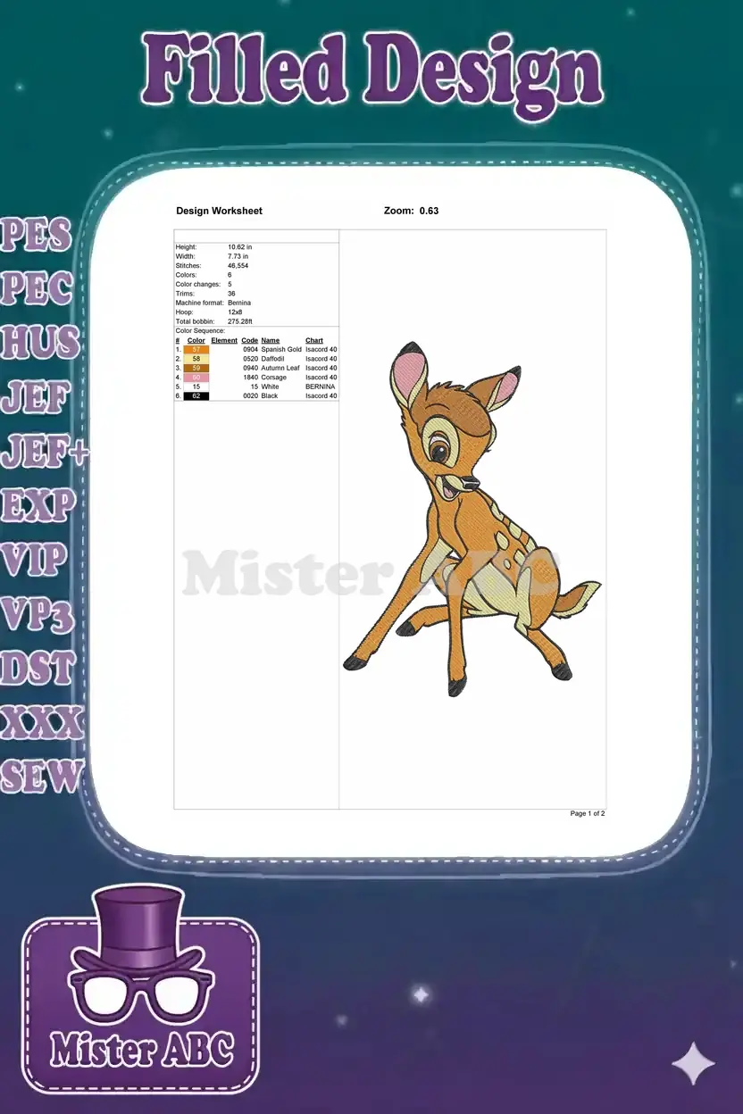 Embroidery design worksheet for Bambi, detailing dimensions, stitch count, color sequence, and machine info.