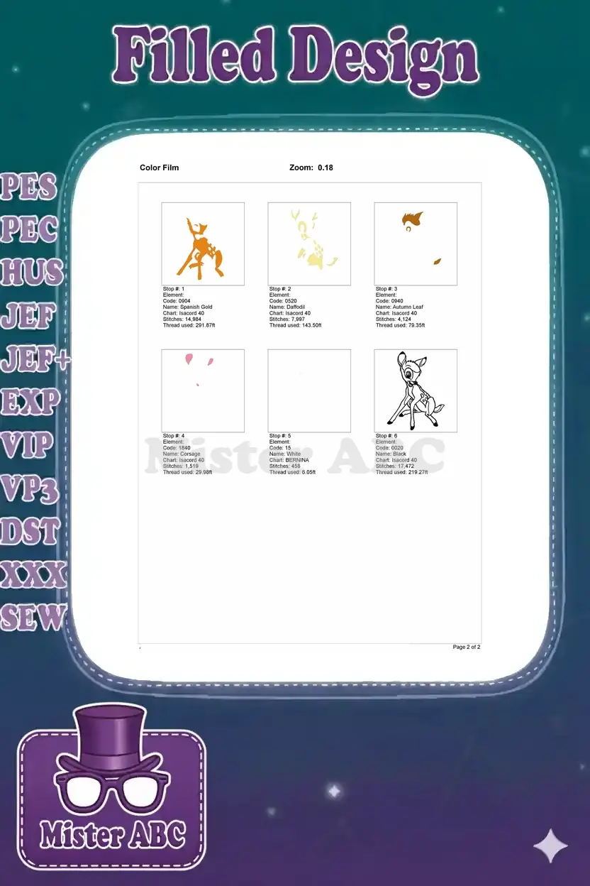 Color film breakdown for the Bambi embroidery design, showing individual stitch elements by color stop.