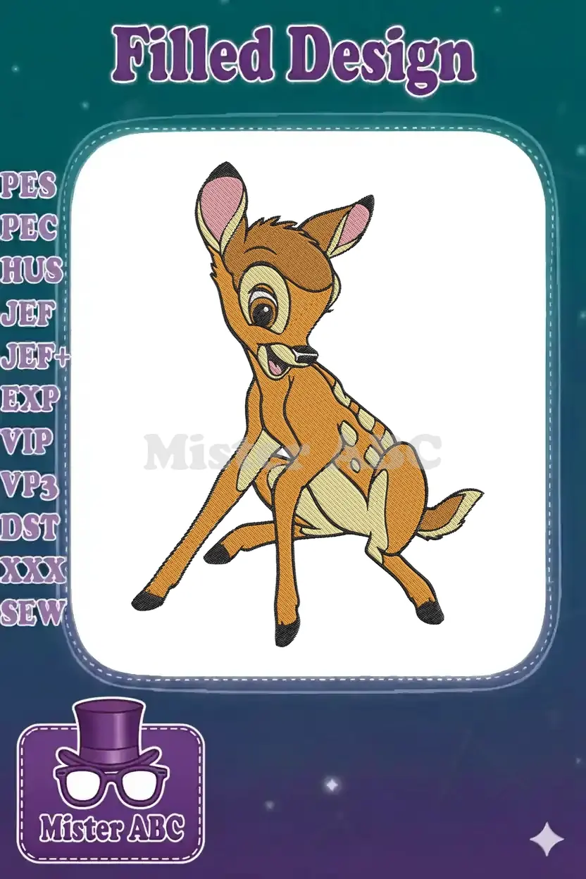 A vibrant embroidery design featuring the beloved Disney character Bambi, a fawn with large eyes and spots.