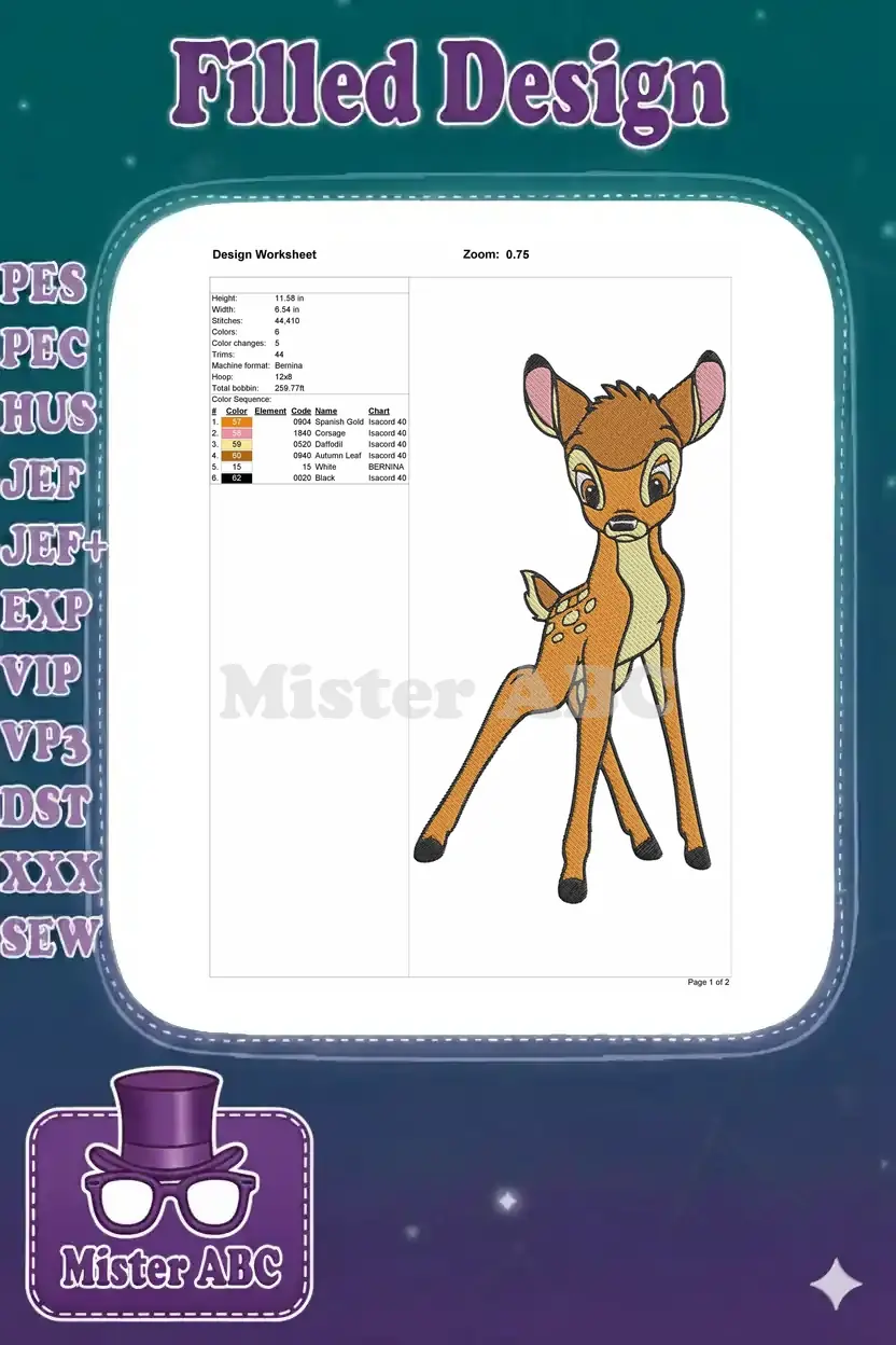 Embroidery design worksheet for Bambi, displaying stitch count, dimensions, color sequence, and thread details.