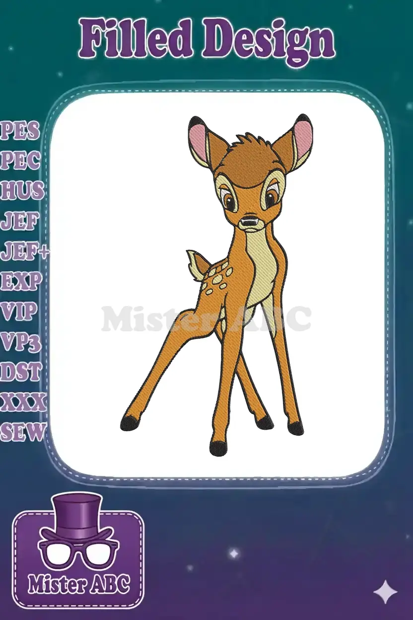 Adorable Bambi fawn embroidery design, featuring detailed satin stitches and vibrant colors on a white background.