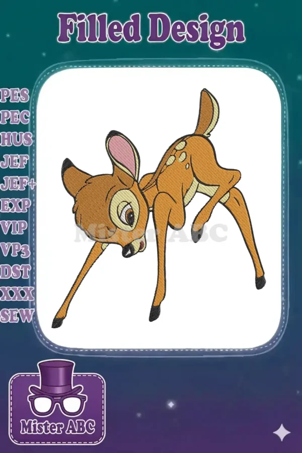 Full view of a charming Bambi embroidery design, featuring the classic fawn in a playful, inquisitive pose.