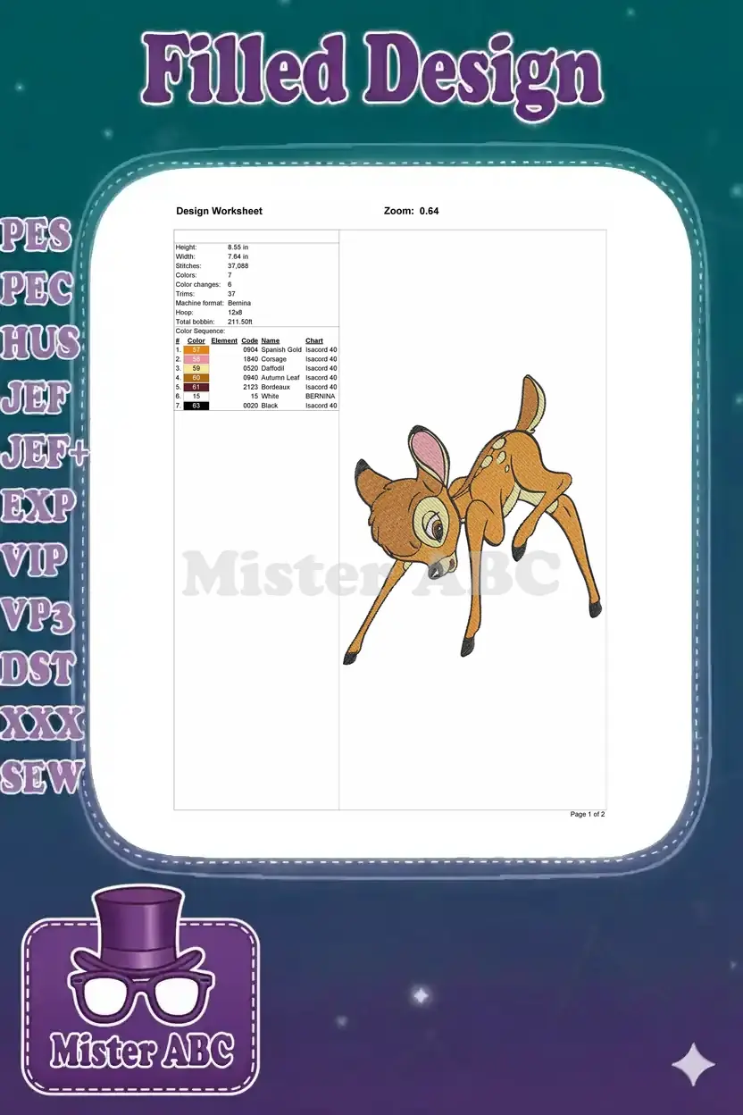 Detailed embroidery design worksheet for Bambi, showing dimensions, stitch count, and color sequence.