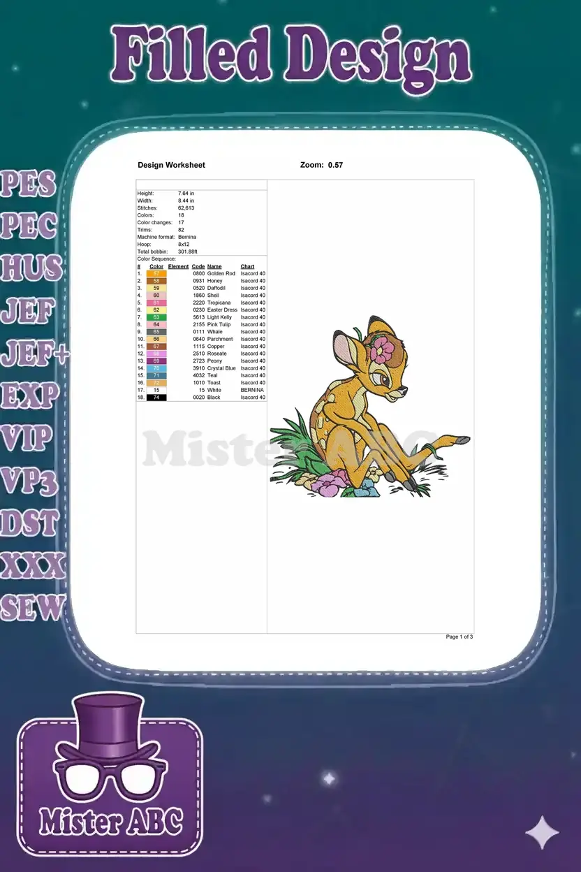 Detailed embroidery design worksheet showing dimensions, stitch count, color sequence, and a preview of the Bambi design.