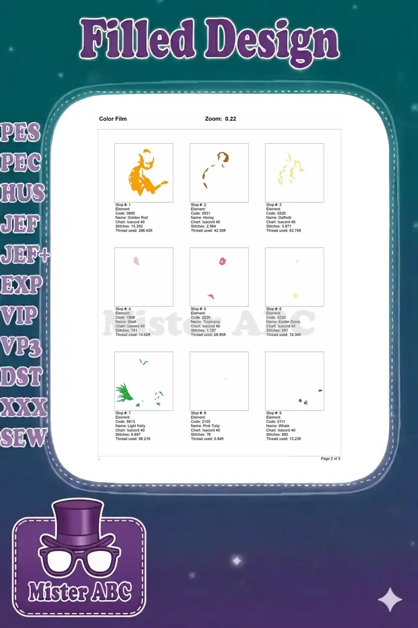 First page of the color film, showing the initial 9 individual color stops and stitch details for the Bambi design.