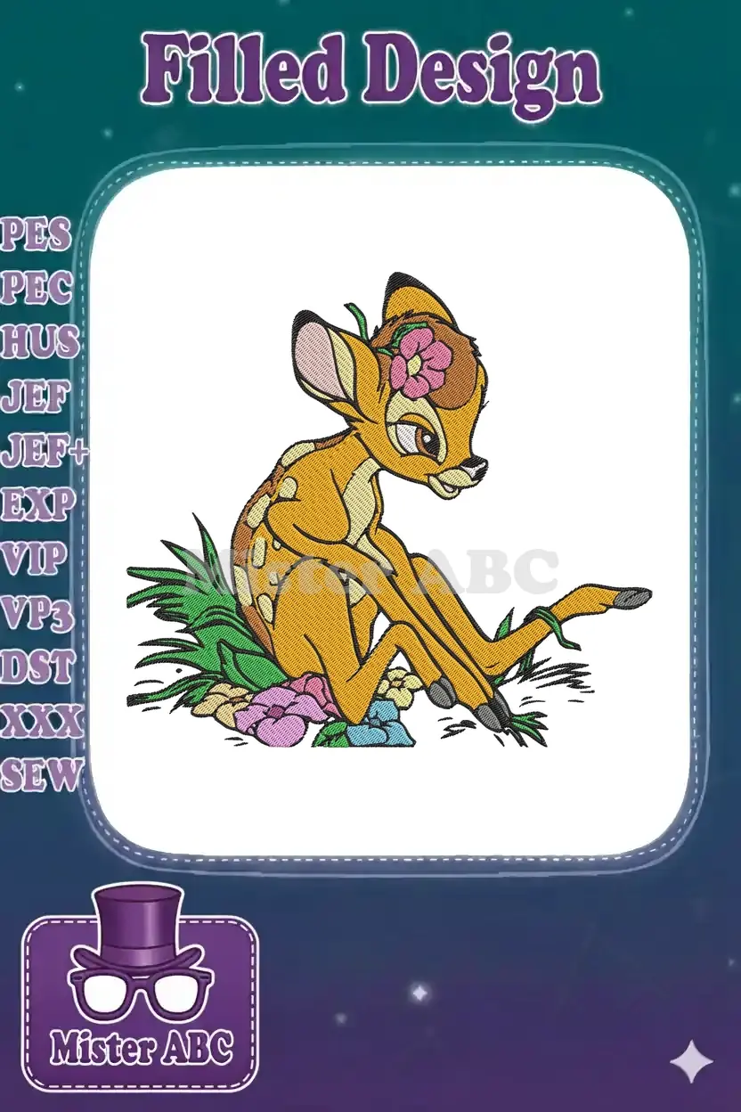 Charming embroidery design of young Bambi fawn sitting peacefully amidst colorful spring flowers, detailed for apparel.