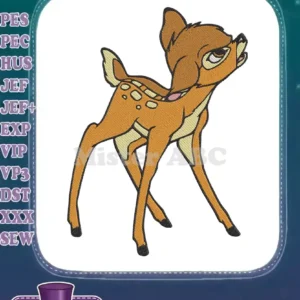 A delightful embroidery design featuring the beloved Disney character Bambi, standing and looking upwards with a curious expression.