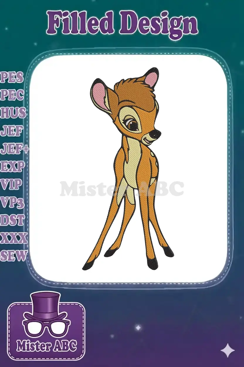 Full-body embroidery of young Bambi standing, featuring rich earth tones and detailed satin and fill stitches.