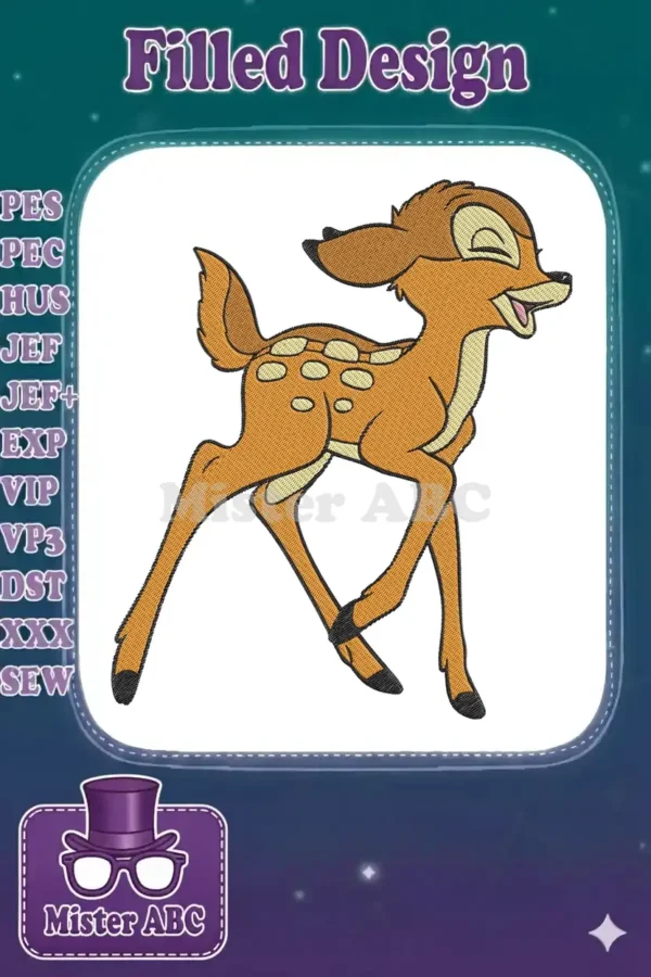 Embroidered design of Bambi, the beloved fawn, in a playful running pose with a joyful expression.