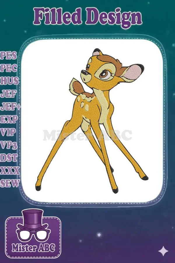 Adorable Bambi fawn embroidery design, featuring intricate details and a vibrant color palette on a white background.