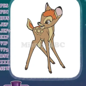 A full-body embroidery design of young Bambi, standing and looking forward with an innocent, happy expression. Perfect for apparel.