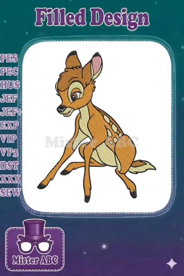 A vibrant, detailed embroidery design of young Bambi, the beloved Disney deer fawn, sitting with a gentle expression.