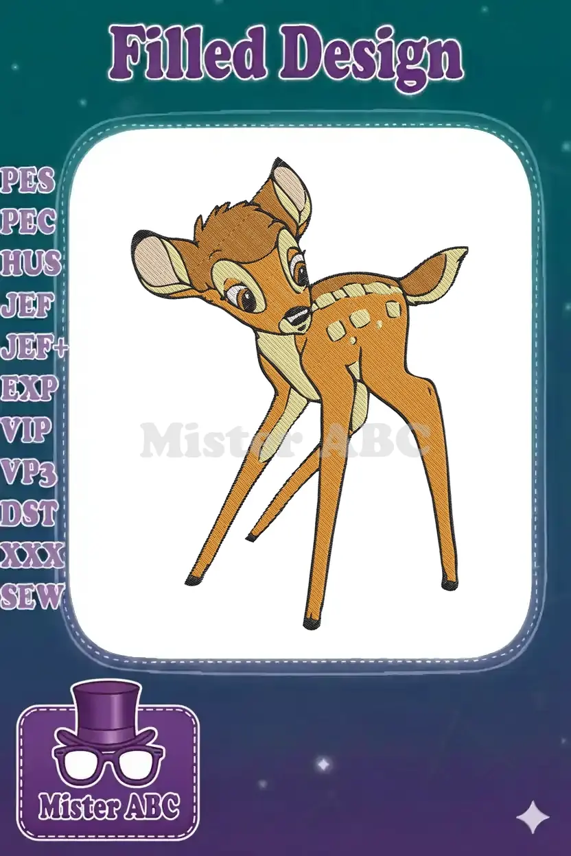 Vibrant embroidery design featuring Disney's Bambi, a young fawn with large eyes and spots, rendered in rich colors.