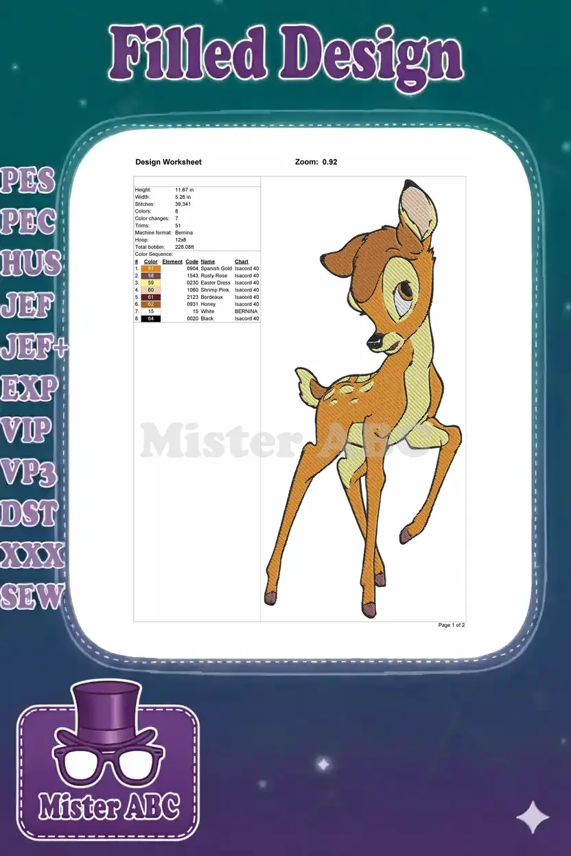 Detailed embroidery design worksheet for Bambi, showing dimensions, stitch count, color sequence, and thread types.
