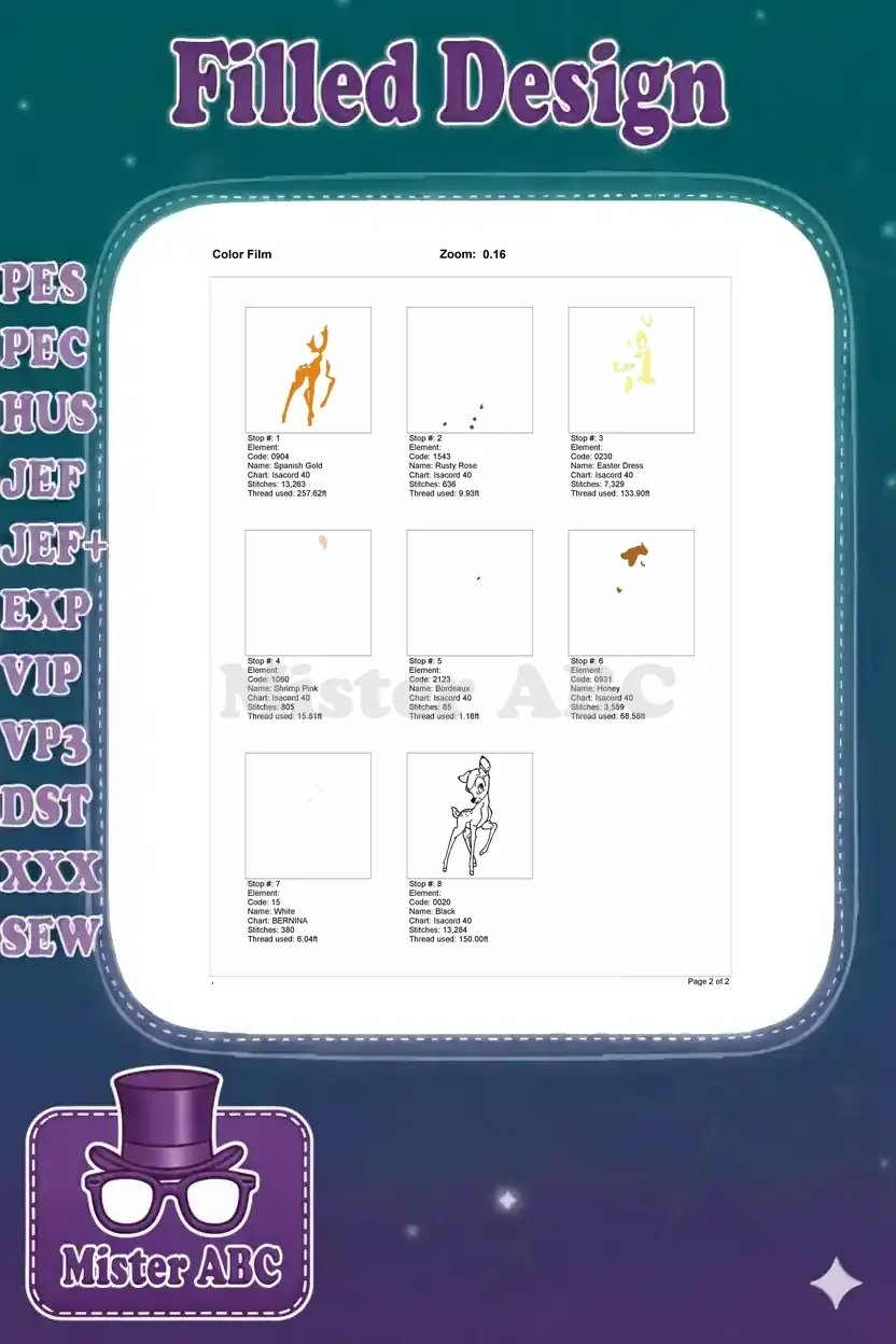Embroidery color film showing the stitch-out sequence for the Bambi design, detailing thread usage per color stop.