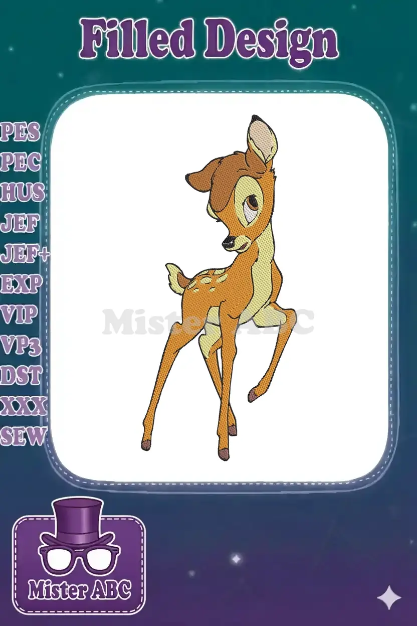 Full-color embroidery design of a young Bambi deer, standing gracefully with an innocent expression, perfect for apparel.