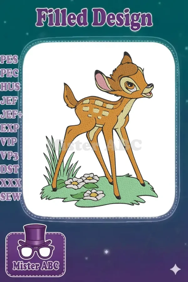A charming Bambi fawn embroidery design, featuring the beloved Disney character standing in green grass with white flowers.