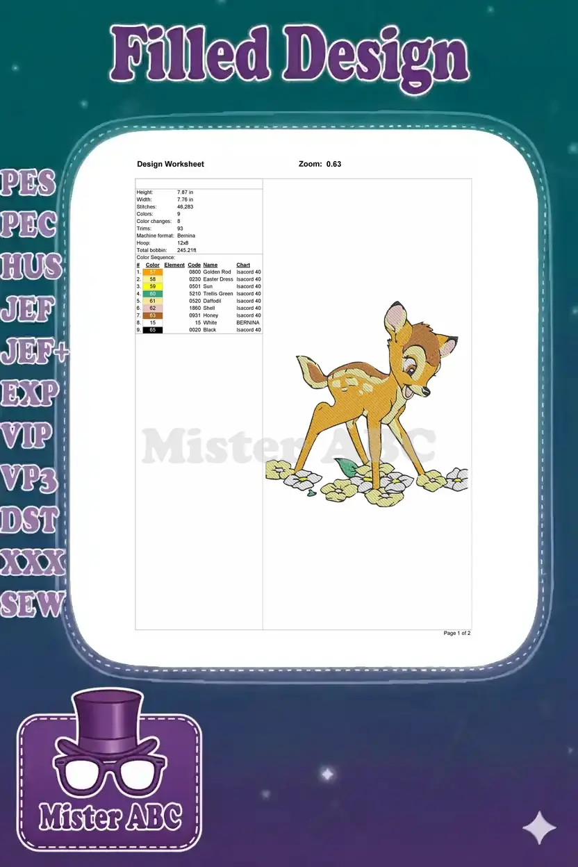 Embroidery design worksheet detailing Bambi's specifications: height, width, stitch count, colors, and thread chart.