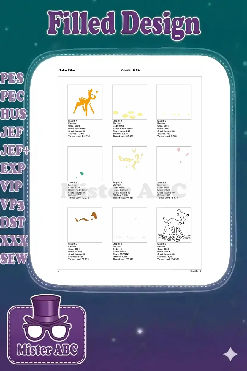 Color film breakdown of the Bambi embroidery design, showing each color stop and its individual stitch pattern.
