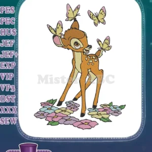 An adorable Bambi embroidery design, featuring the fawn with butterflies on its head and back, surrounded by flowers.
