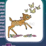 Playful Bambi style fawn with butterflies and flowers embroidery designs - Instant Download