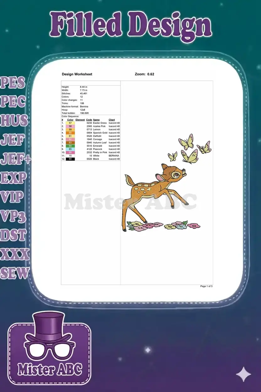 Detailed design worksheet for the Bambi embroidery, showing dimensions, stitch count, and color sequence.