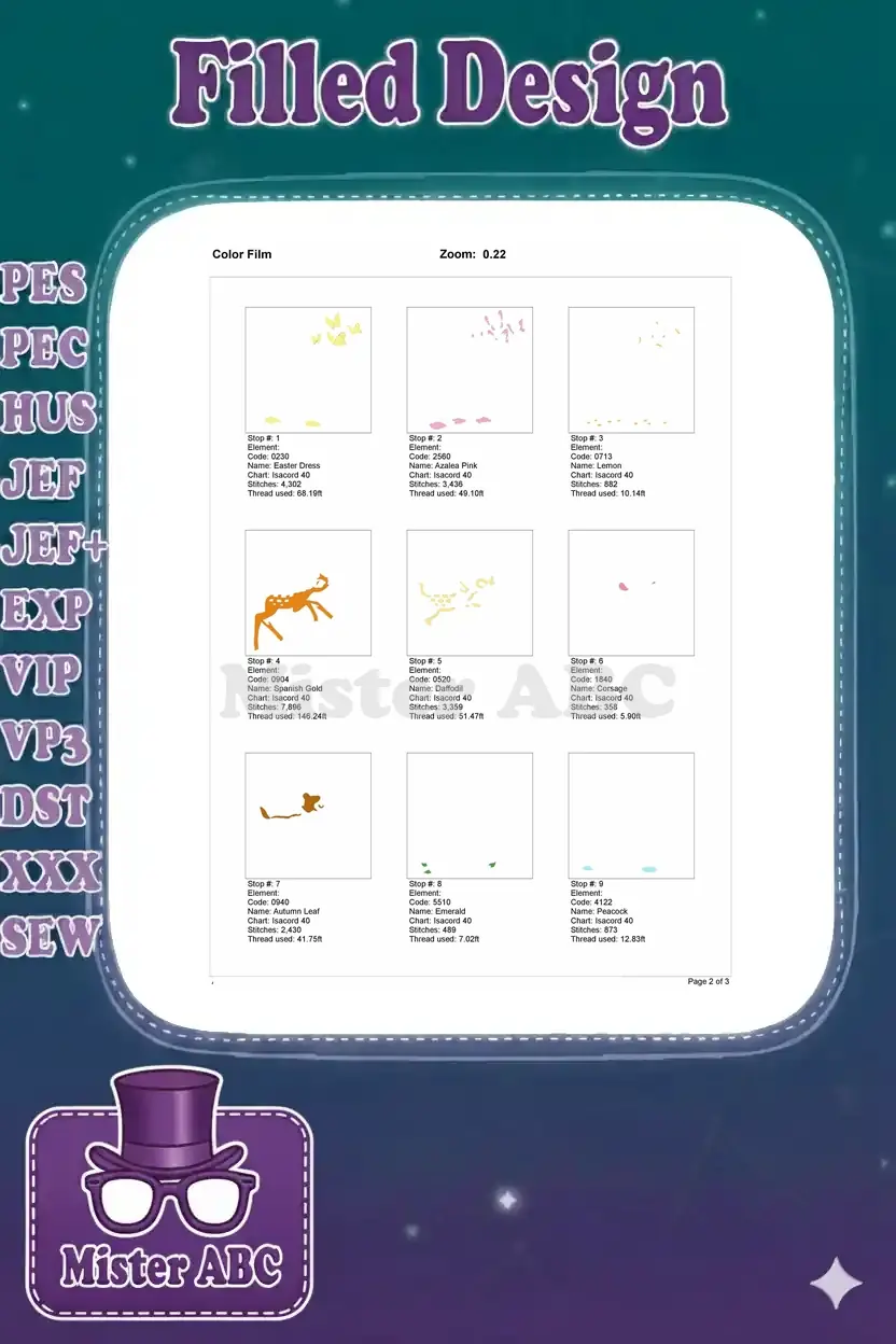 Color film breakdown (page 1 of 3) illustrating the first nine embroidery steps, showing thread colors.
