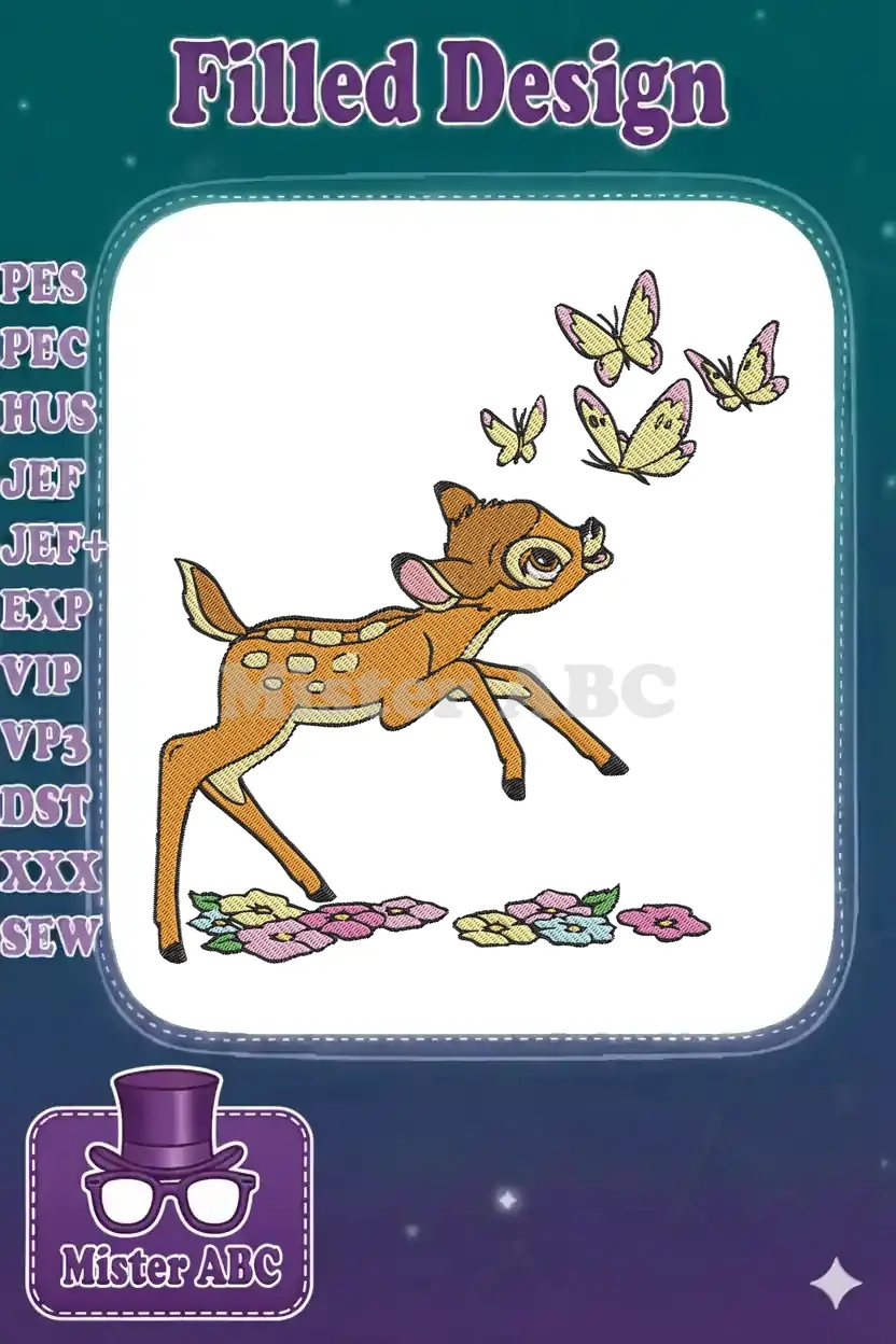 Enchanting Bambi embroidery design, featuring the beloved fawn leaping playfully with colorful butterflies and charming flowers.
