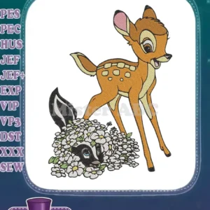Full-color embroidery of Disney's Bambi the fawn standing beside Flower the skunk peeking from white daisies.