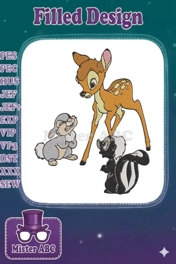 A vibrant embroidery design featuring Disney's Bambi, Thumper the rabbit, and Flower the skunk, full of detail.