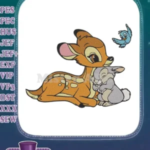 A delightful embroidery design featuring Disney's Bambi lovingly hugging Thumper, with a friendly blue bird flying nearby.