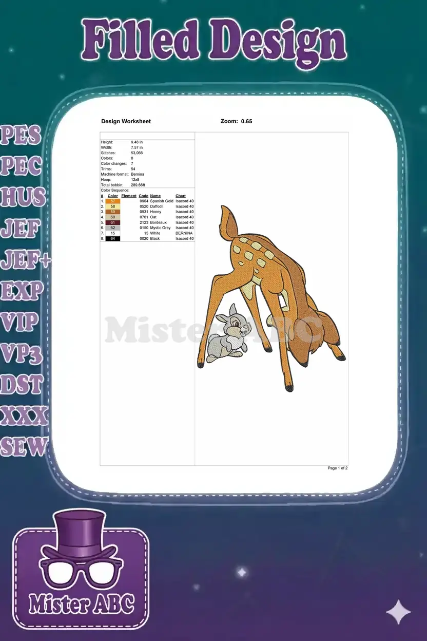 A comprehensive design worksheet displaying embroidery details: dimensions, stitch count, colors, and thread sequence.