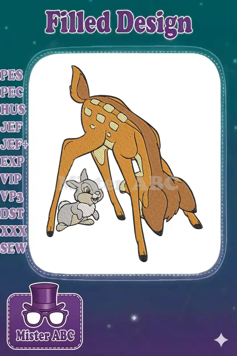A delightful embroidery design of young Bambi bending down, with his cheerful friend Thumper sitting beside him.