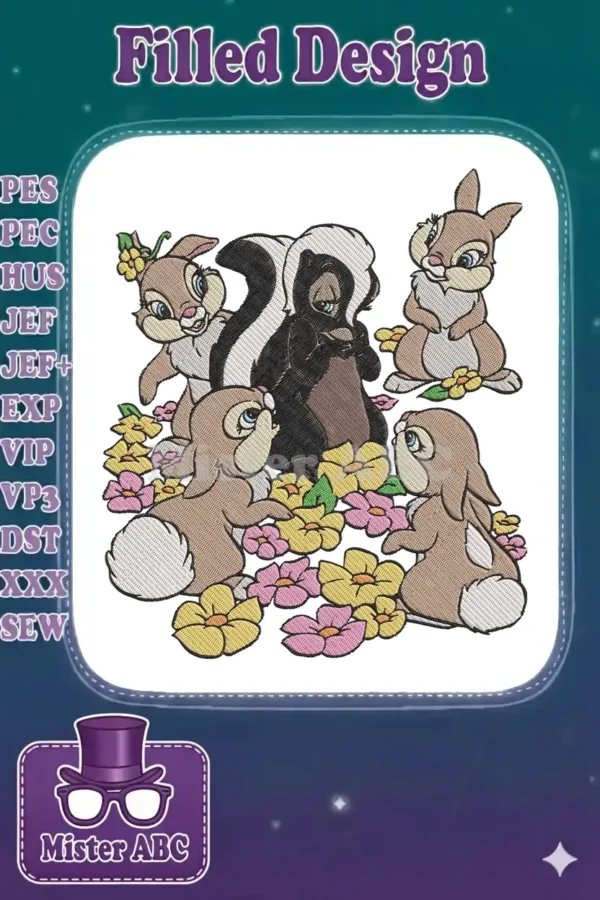 A charming embroidery design featuring Thumper, Flower the skunk, and four other bunnies amidst colorful flowers.
