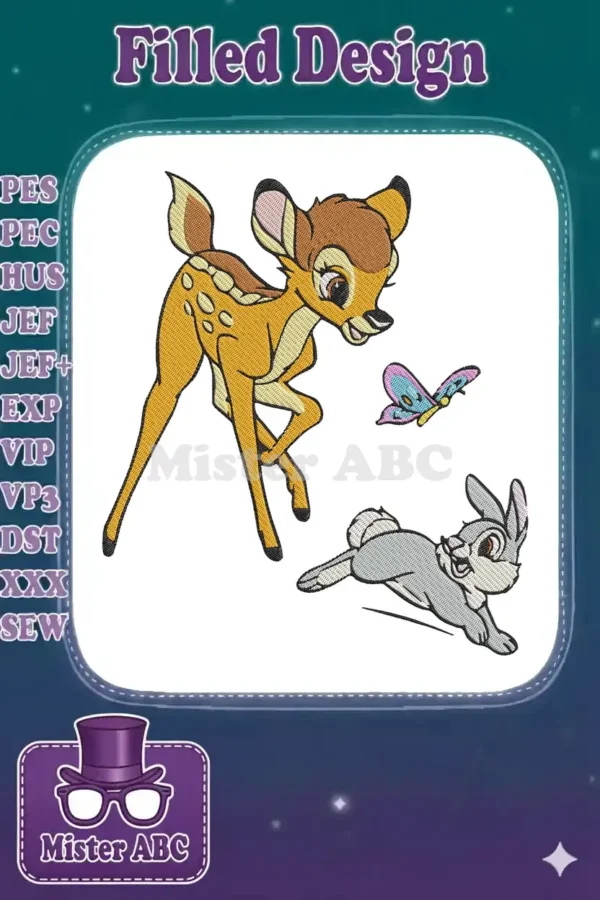 A vibrant embroidery design featuring Disney's Bambi, Thumper the rabbit, and a colorful butterfly in flight.