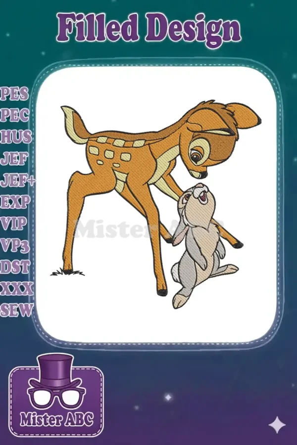 Detailed embroidery design featuring young Bambi and his friend Thumper, both looking up with expressive faces.