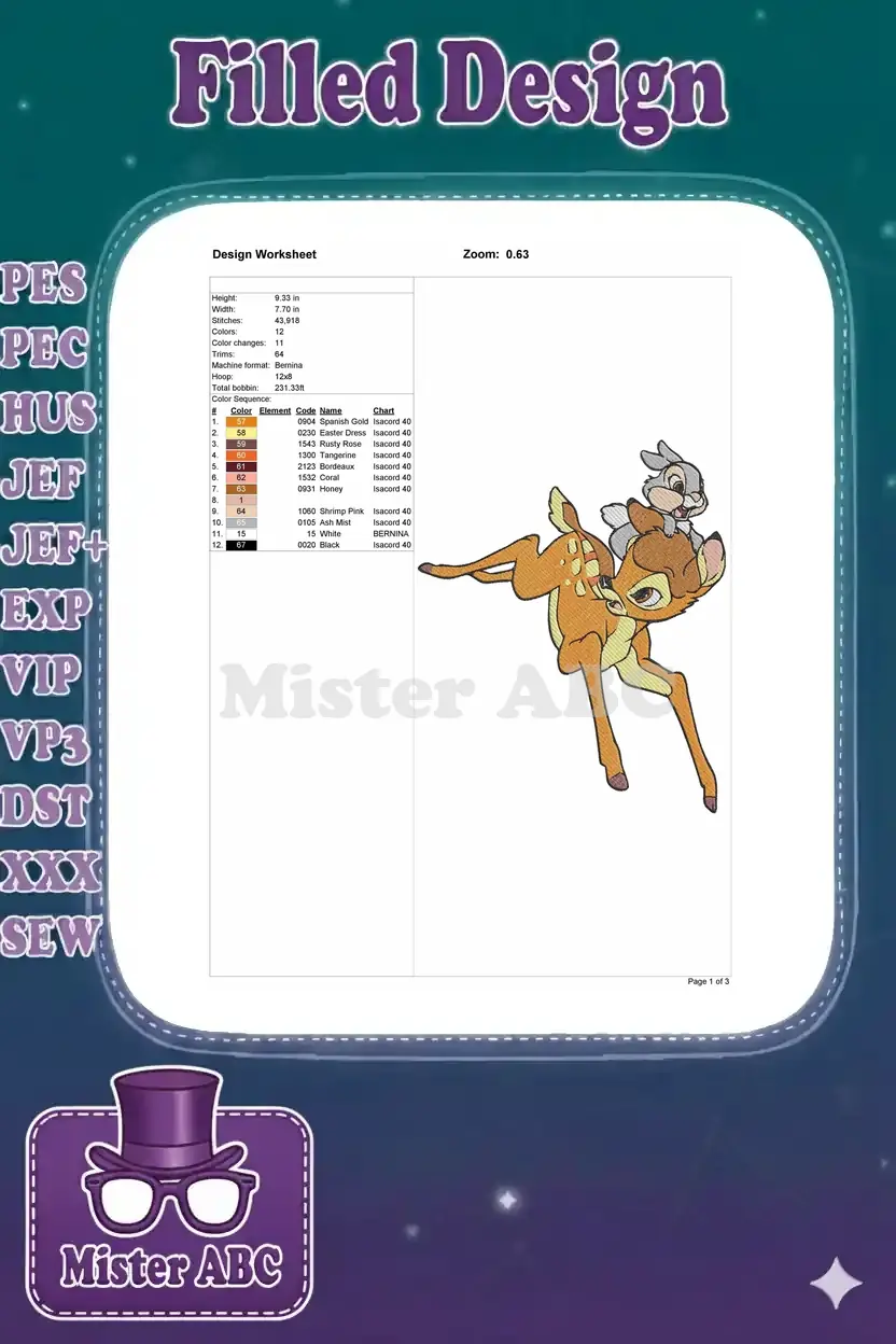 Embroidery design worksheet detailing dimensions, stitch count, color sequence, and machine specifications.
