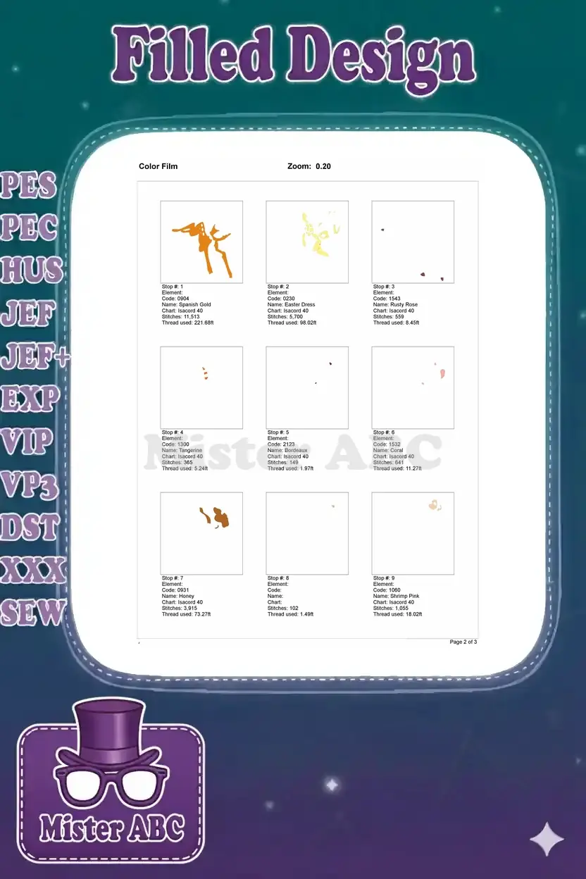 First page of the color film, showing stitch elements for the initial 7 color stops of the design.