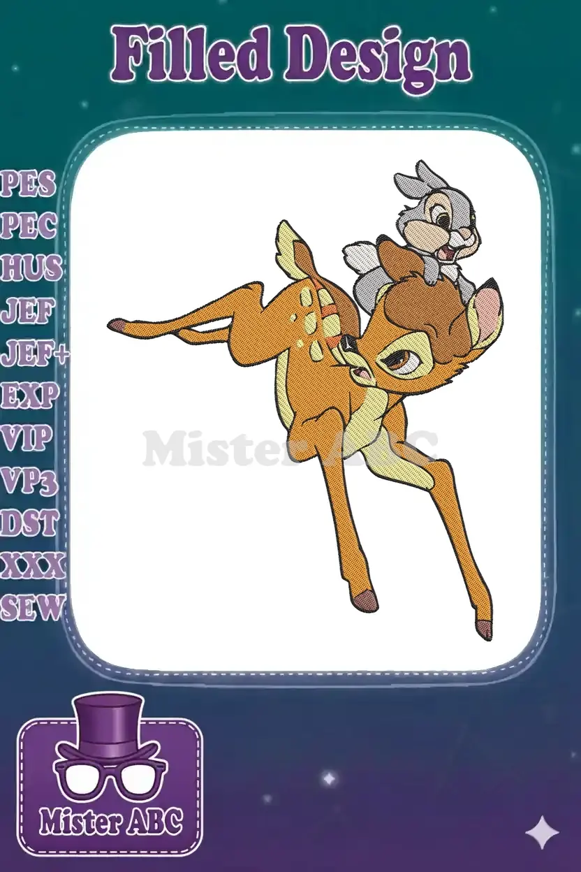 Full-color embroidery design featuring Bambi the deer jumping with Thumper the rabbit riding on his back.