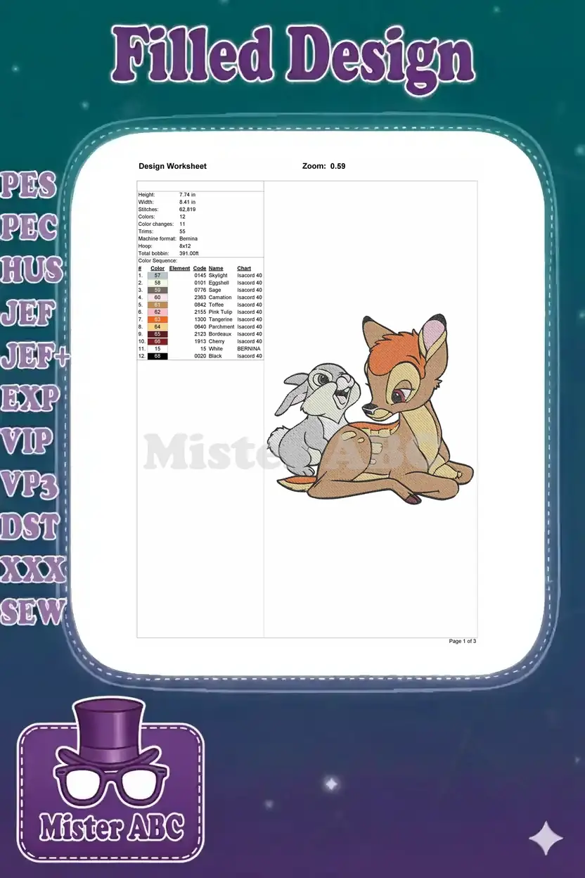 Embroidery design worksheet for Bambi and Thumper, displaying dimensions, stitch count, colors, and thread details.