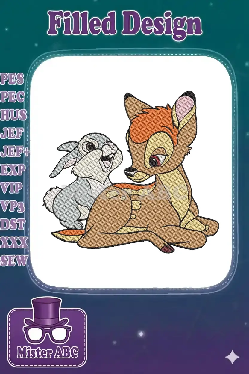 Bambi and Thumper embroidery design, featuring the deer and rabbit sharing a tender moment, in vibrant colors.