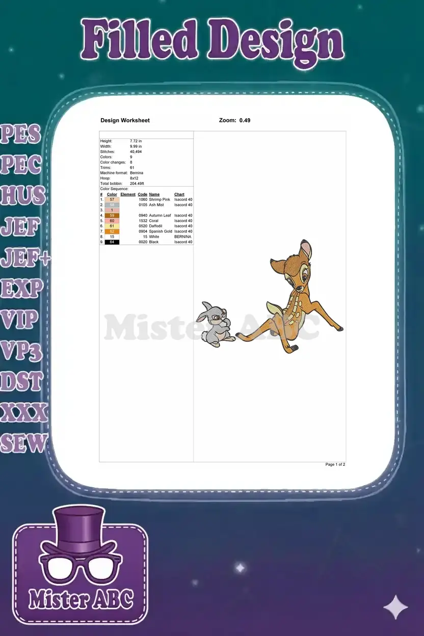 Bambi and Thumper embroidery design worksheet with dimensions, stitch count, color chart, and machine details.