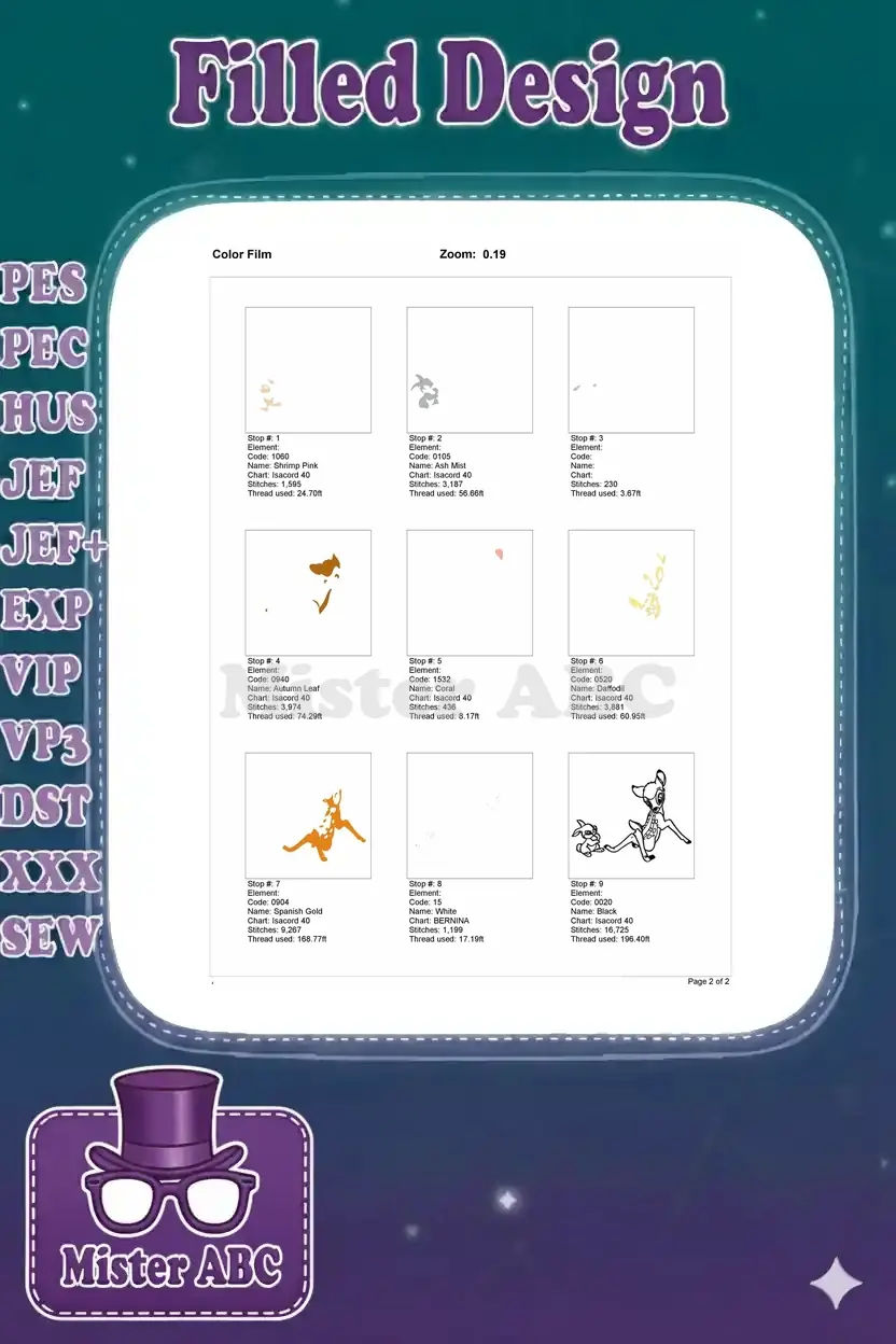 Detailed color film for Bambi and Thumper embroidery, showing stitch sequence and thread usage per color.