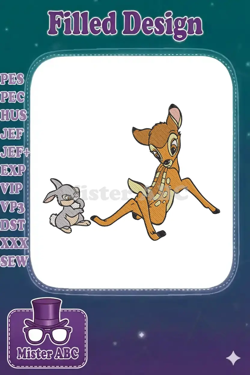 Adorable Bambi and Thumper machine embroidery design, featuring the classic Disney characters in vibrant thread colors.